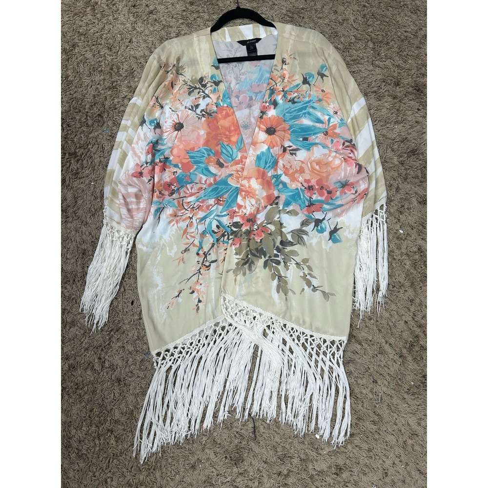 Ali Miles Womens Size XL Short Sleeve Beige Floral Tassel Cardigan Top (J5)